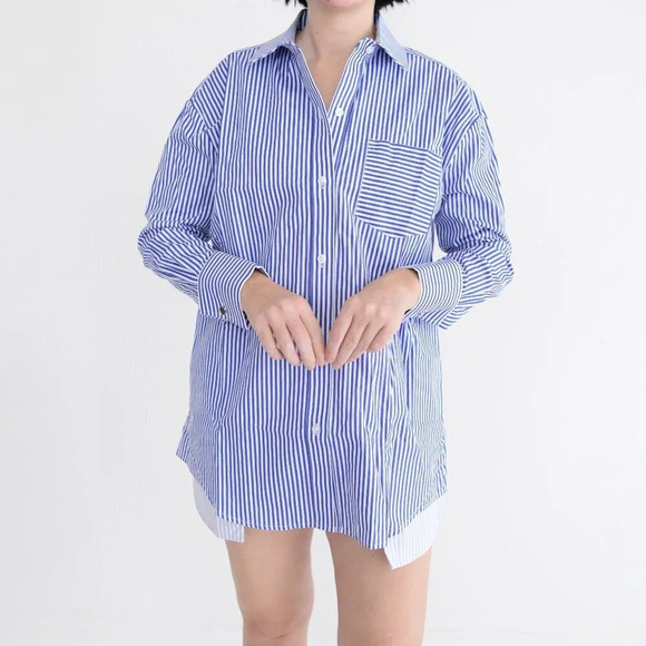 SER.O.YA Hefley Oversized Shirt Dress  White & Royla Blue Stripe Coated XS NWT - Picture 2 of 6